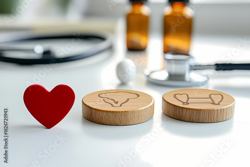 Celebrating holistic well-being A thoughtful arrangement of a red heart, brain, and fitness symbols with medical tools, illustrating comprehensive health and preventative care