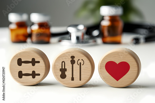 Healthy lifestyle concept featuring wooden blocks with fitness heart and medical icons on a desk with a stethoscope background