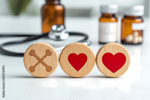 Medical Healthcare Concept with Wooden Heart and Cross Symbols and Stethoscope for Heart Wellness