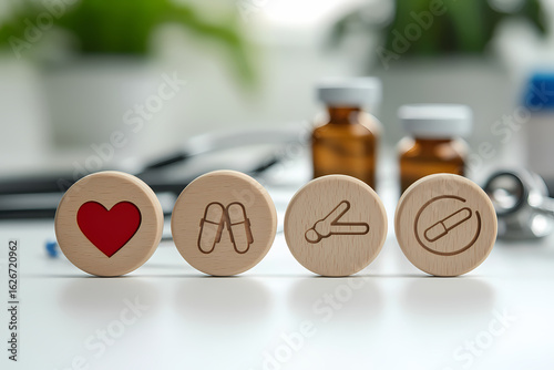 Four wooden tokens engraved with medical symbols a heart, pills, and a stethoscope, symbolizing health, wellness, and medical care. Represents essential aspects of well-being and healthcare awareness