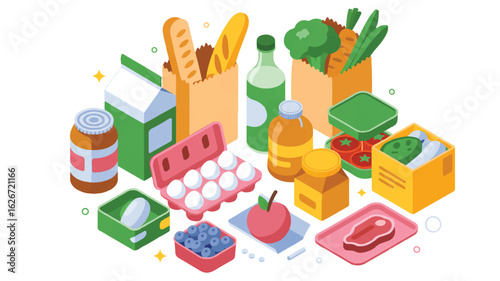 A flat, isometric illustration of grocery itembackground. Thes arranged on a white 