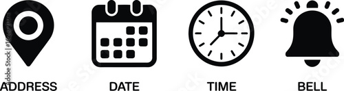 Date, Time, Address or Place Icons: Symbol - Time, date and address or Place icon set. Clock, calendar, location pin. Vector illustration. 