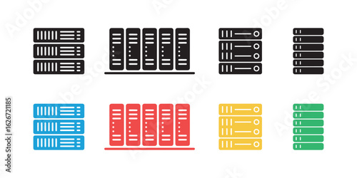 Servers icons set, hosting data center mainframes in black, red, blue, green, yellow