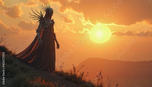Female Skeletal Figure Mystical Posing Against Sunset Desert Landscape