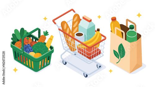 A flat, isometric illustration of three shopping containers arranged in a row against a white background. 