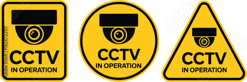 Warning yellow black shield sign set security cameras in use symbol icon fixed cctv camera logo