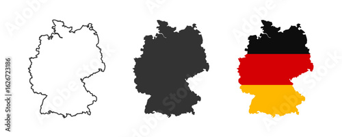 Germany map icon collection, Germany map sign vector set in outline, solid and nation flag style