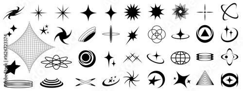 Set of Y2K bling retro futuristic elements, cosmic circles and swirls, abstract brutalism shapes, wireframe stars, grids and tech-inspired aesthetic elements - vector