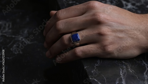 Macro shot of man hand polished silver signet ring with vibrant blue gemstone. Detailed close-up skin texture, subtle light-shadow play on metal band. Accessory represents modern masculinity, refined