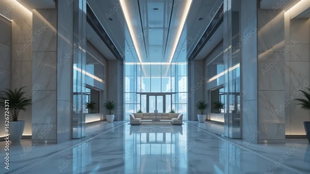 Elegant Lobby: Modern Architecture, Marble Floors, and Bright Lighting Elegant Lobby: Modern Architecture, Marble Floors, and Bright Lighting