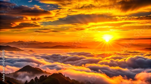 Dramatic vibrant sunset silhouette over misty mountain peaks and clouds isolated on transparent background silhouette
