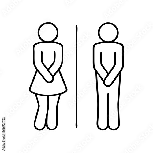 male and female restroom icon in line style. Funny toilet couple symbol, desperate pee Girls and boy wc icon, fun bathroom door signs, humor public washroom , vector illustration