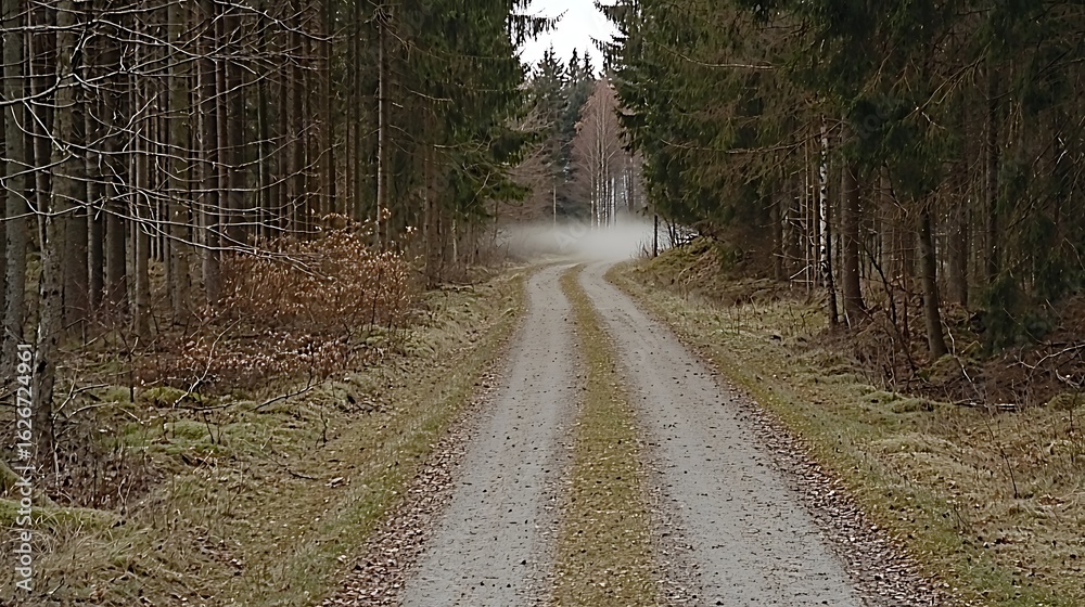 Obraz premium 199. Misty forest trail with soft light filtering through tall trees