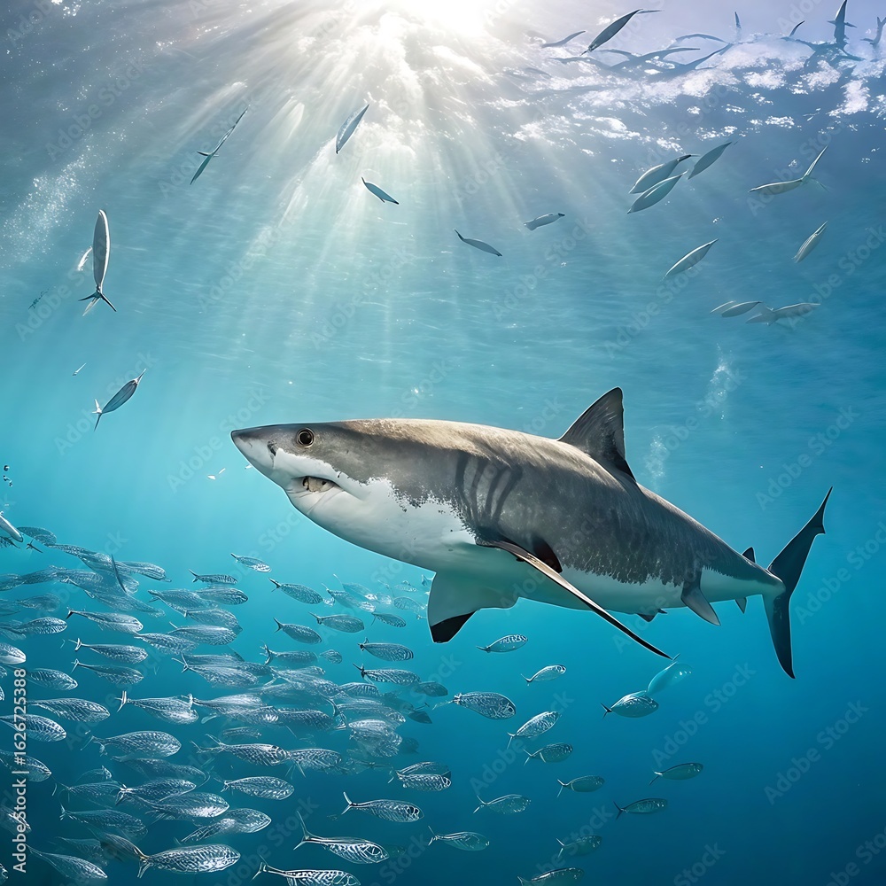 Fototapeta premium Great white shark swimming underwater with school of fish and sun rays