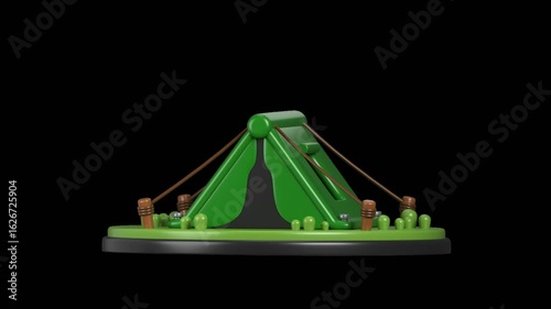 3D animated camping tent opening and shaking gently in the wind. Perfect for outdoor, survival, and adventure themes with transparent background