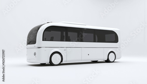 Futuristic white bus with rounded design and dark tinted windows against a plain white background. This modern vehicle represents innovation in public transport and future urban mobility.