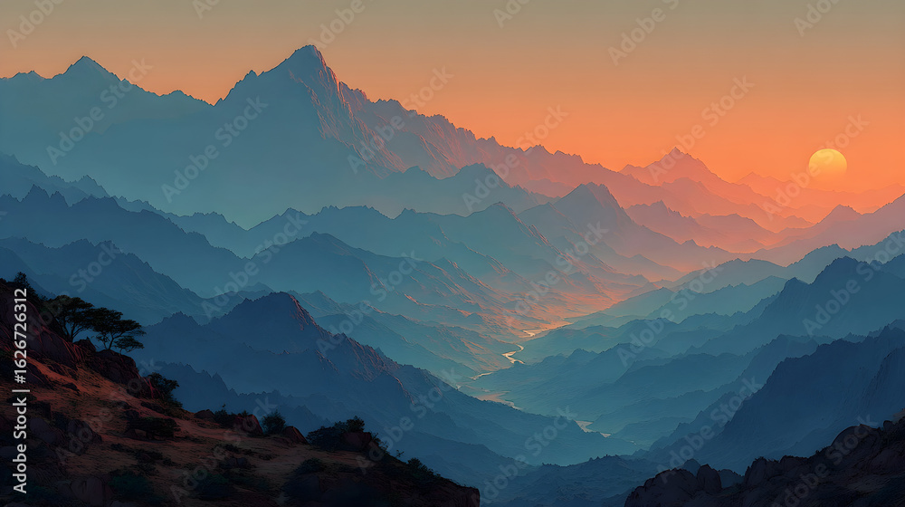 Obraz premium Sunrise over mountains, stylized illustration with soft gradients, HD realistic
