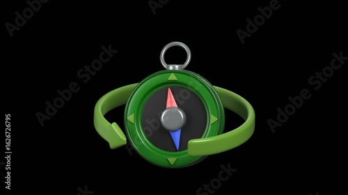 Looping 3D compass animation with rotating needle. Great for navigation, scouting, and travel scenes. Transparent background for motion graphics