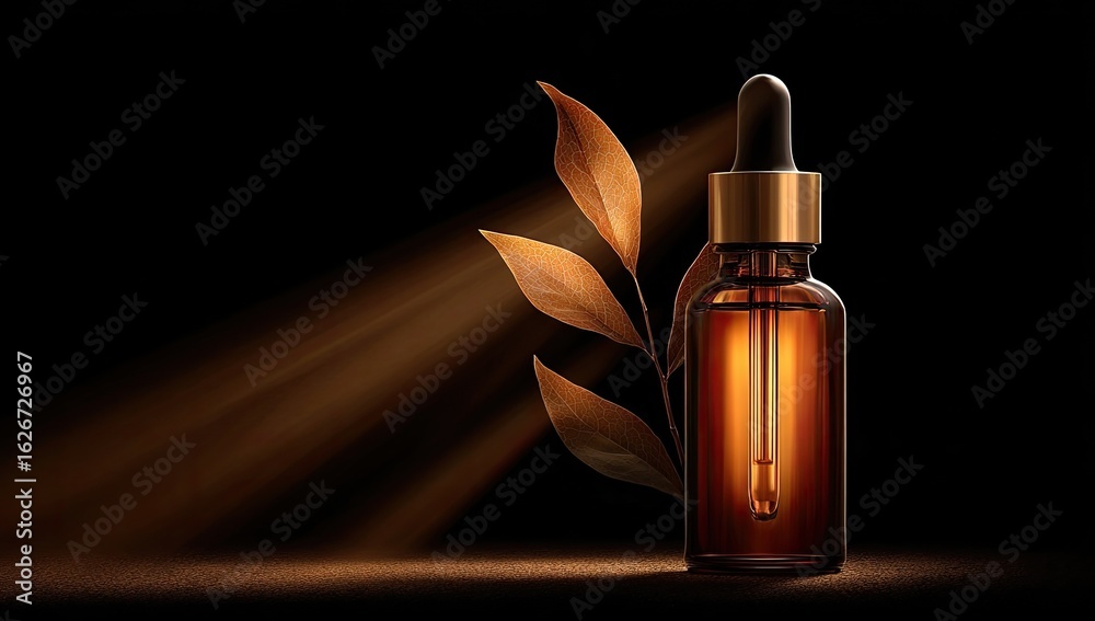 Naklejka premium Amber glass dropper bottle with dried leaves, backlit by warm light