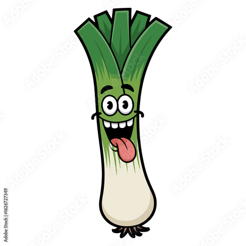A cheerful leek character with a big smile and protruding tongue Transparent png isolated vector