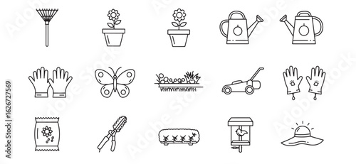 Outline illustrations of gardening tools flowers butterflies bird feeder and summer hat
