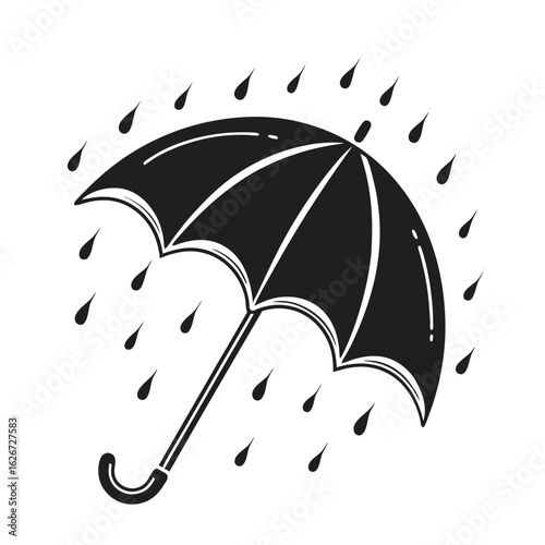 Silhouette of an open umbrella in the rain. A simple black weather icon graphic isolated on a white background for design.