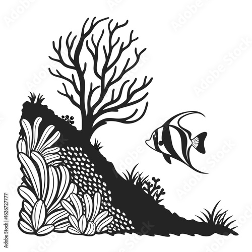 Black silhouette of an underwater corner with a coral reef and a tropical fish. Vector illustration icon.