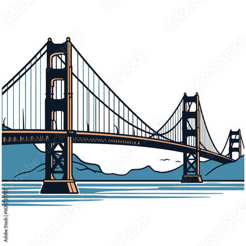 Cartoon Vector of Golden Gate Bridge with Sketchy Lines