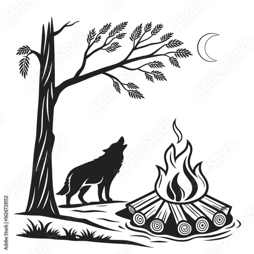 Silhouette illustration of a lone wolf howling at the moon by a burning campfire with logs in a forest at night.
