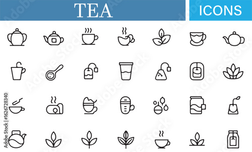 Collection of Tea Icons – Featuring Teapots, Tea Bags, Cups, and Leaves for Beverage Projects