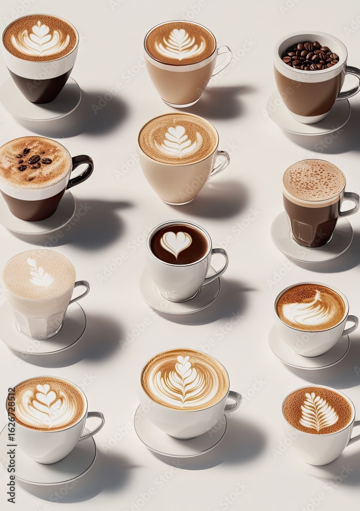 Obraz premium Assorted coffee drinks in cups, various latte art