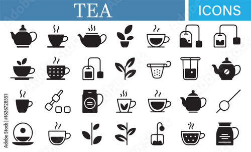 Tea Drink Icons – Vector Illustrations Featuring Tea Bags, Teacups, and Brewing Tools