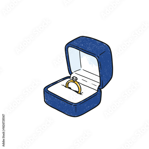 Blue ring box with diamond engagement ring inside  