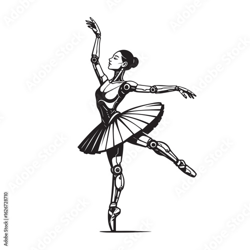 Ballet dancer with robotic limbs in mid-pose