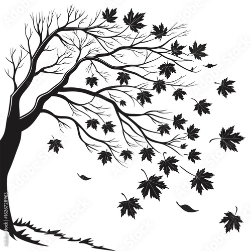 Silhouette of a windy autumn tree with maple leaves blowing from its bare branches, a black and white vector icon.