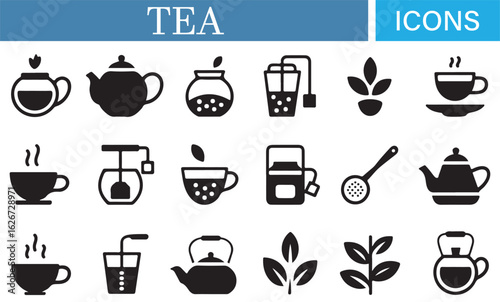 Vector Set of Tea Icons – Teapots, Tea Cups, and Tea Leaves for Beverage and Culinary Projects