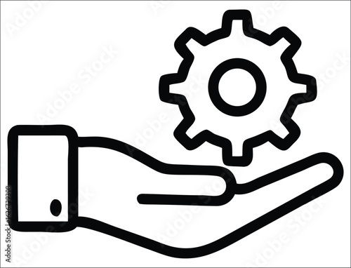 A stylized line art icon depicting an open hand gently holding a cogwheel or gear symbolizing support service or mechanical assistance