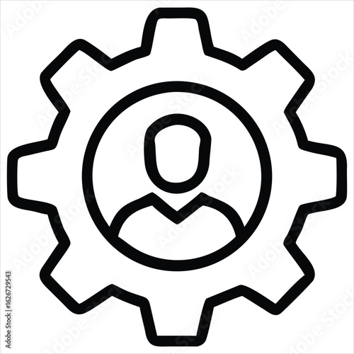 Stylized outline icon of a person silhouette within a gear cog representing human resources management employee engagement or operational efficiency in a business context