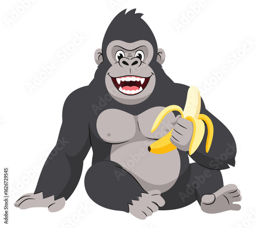 Gorilla Enjoying a Banana in a Playful and Vibrant Wildlife Setting