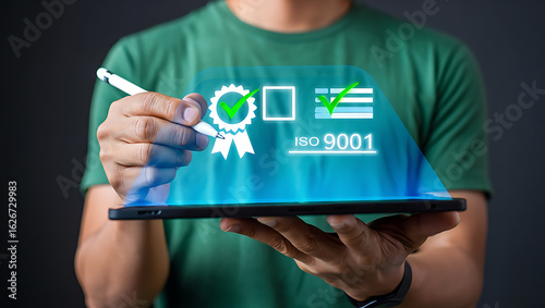Person holding tablet with digital certification technology approval