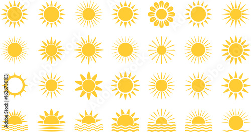 Collection of diverse yellow sun icons and symbols on white background