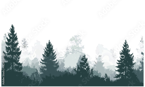 Coniferous fir tree silhouette, forest landscape banner with pine and spruce, evergreen nature panorama, seamless seasonal environment, timberland scene illustration, Christmas winter design