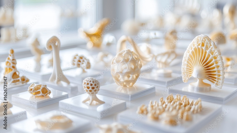 Fototapeta premium A collection of intricate, white sculptures displayed on clear stands, showcasing various organic shapes and designs.