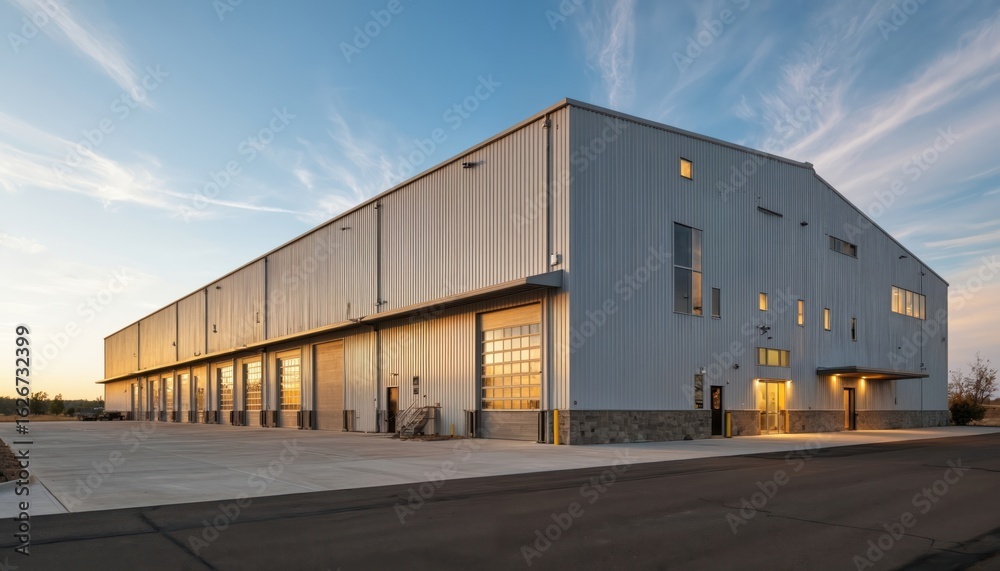 Obraz premium Modern industrial warehouse exterior with corrugated metal siding, multiple garage doors. Features clean, spacious design under bright sky, suitable for storage, manufacturing, logistics operations.