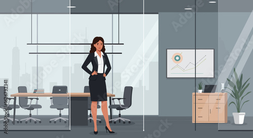 Successful female executive and leader posing confidently in a contemporary glass wall office space