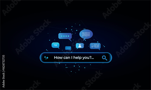 Futuristic AI Virtual Assistant Bar for Customer Service, with digital and technological service icons. Futuristic Intelligent Search Automation, Digital Business Support, Futuristic AI. Blue color