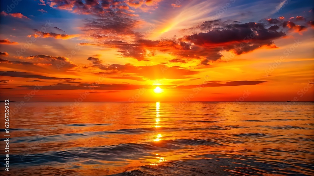 Fototapeta premium Vibrant sunset over calm ocean waters with dramatic clouds and sun rays silhouette isolated on transparent background