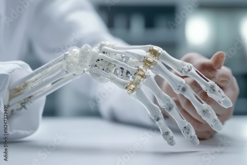 Engineer biomedical automation Concept. Robotic hand resting on a surface, showcasing advanced design and technology.
