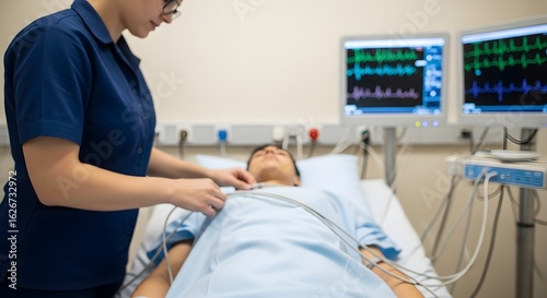 Caring nurse meticulously attaches patient to vital sign monitoring equipment in modern medical setting with detailed readouts on screens