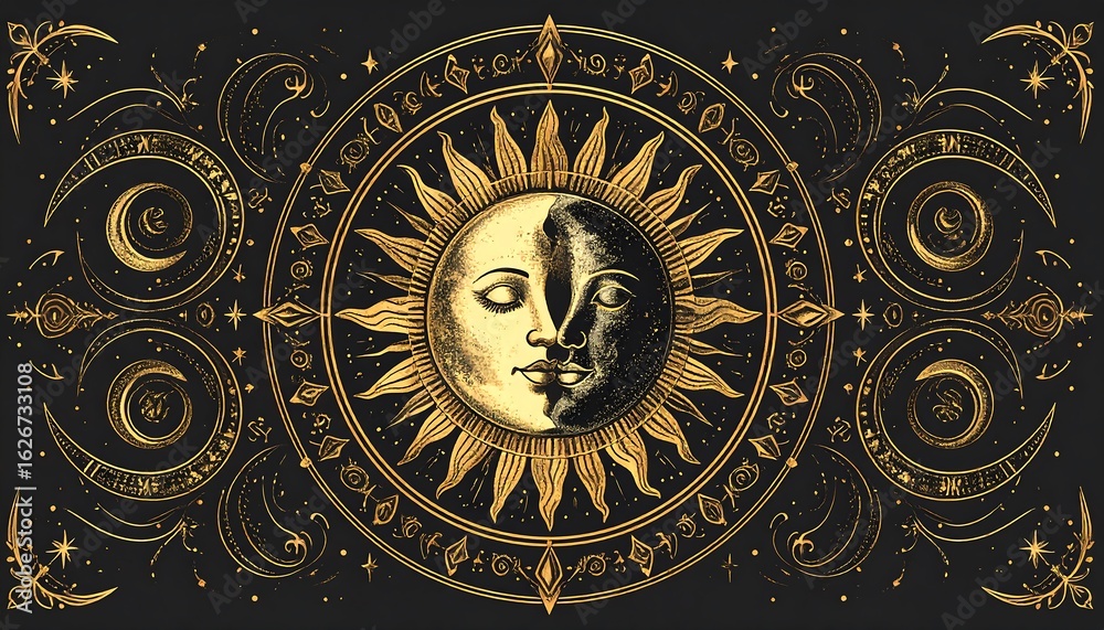 Obraz premium Golden sun and moon celestial design